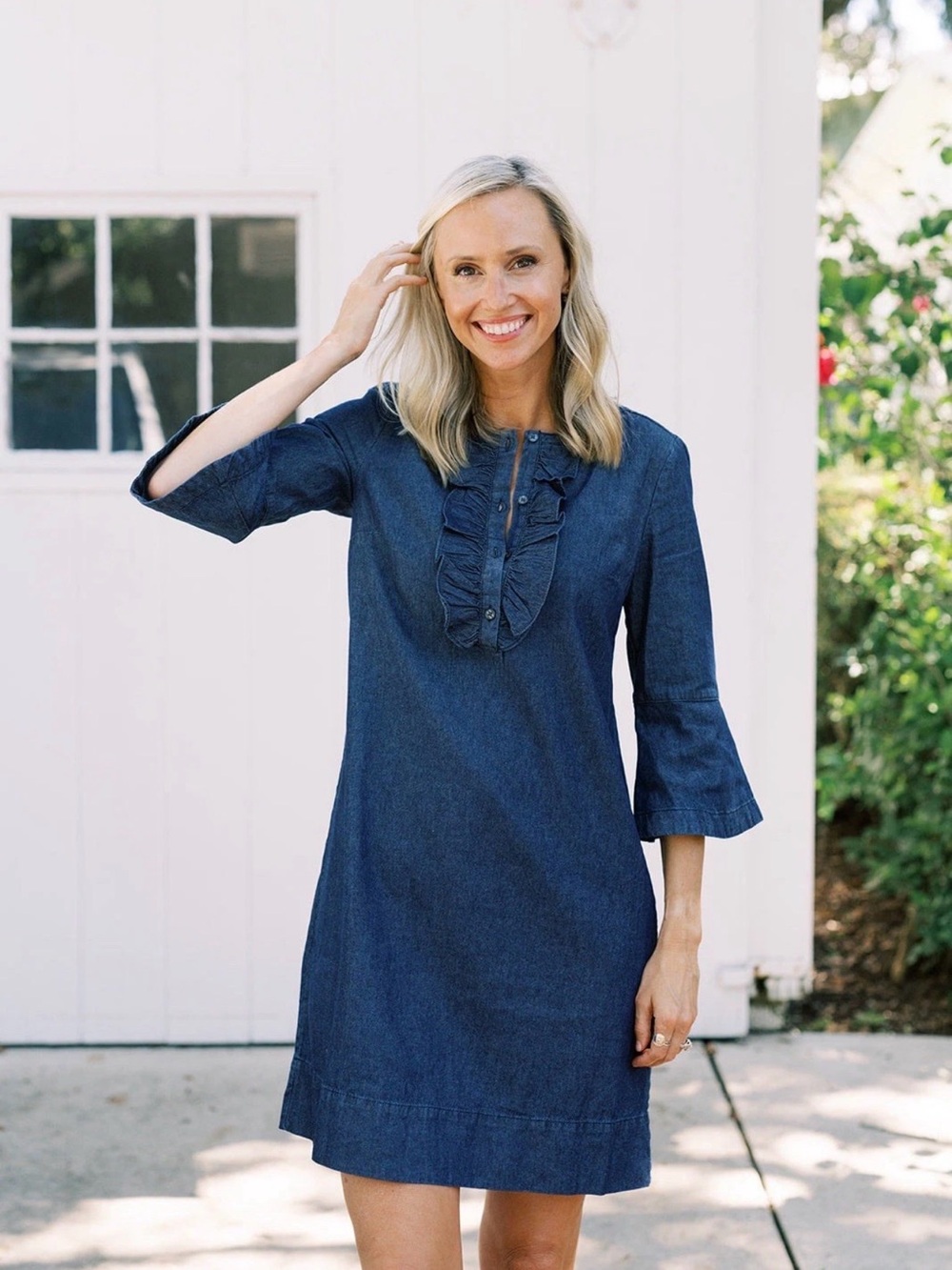Draper James-Chambray Preppy Denim Ruffle Front Bell Sleeve Dress-Tailgate Ready - Picture 2 of 10